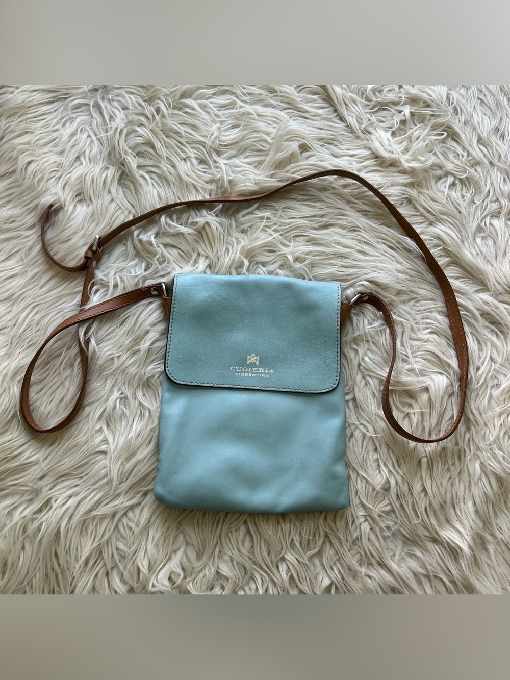 Cuoieria Fiorentina Crossbody Light Blue Leather Small Messenger Bag Purse Italy